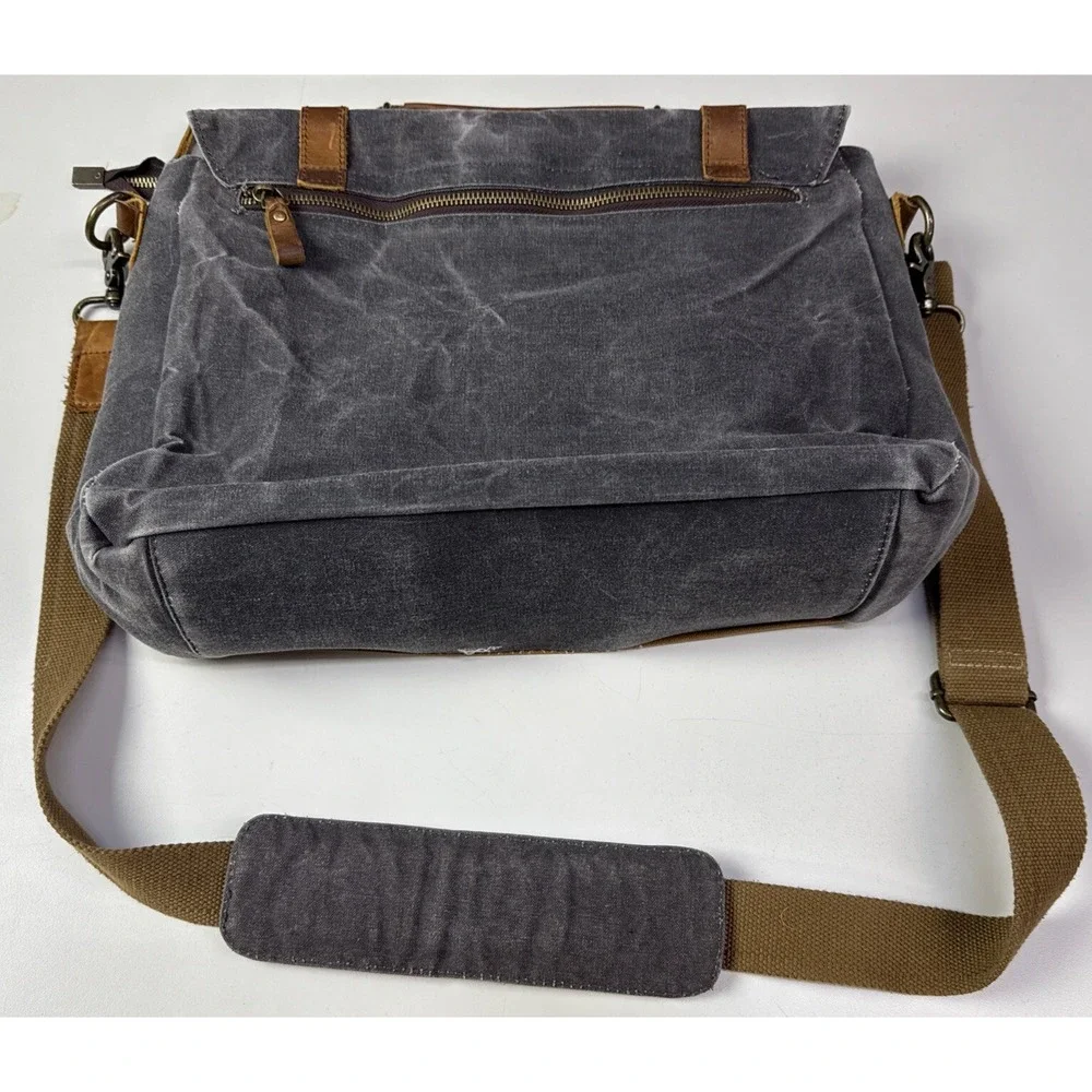 NEWHEY‎ Men's Leather Canvas Laptop Messenger Bag - Brown Blue 3j